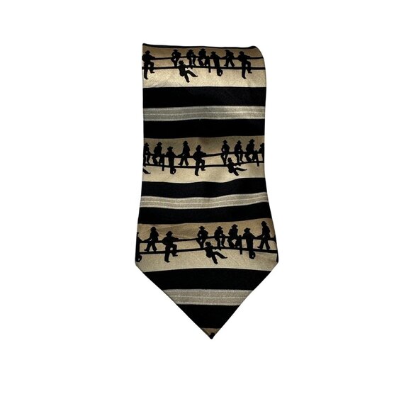 Circle Neckwear By Sidran 100% Silk Tie With Black Silhouette Design On Beige & - Picture 2 of 5